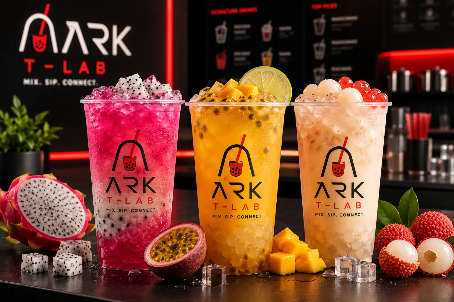 Bright fruit tea drinks with ice and fruit pieces