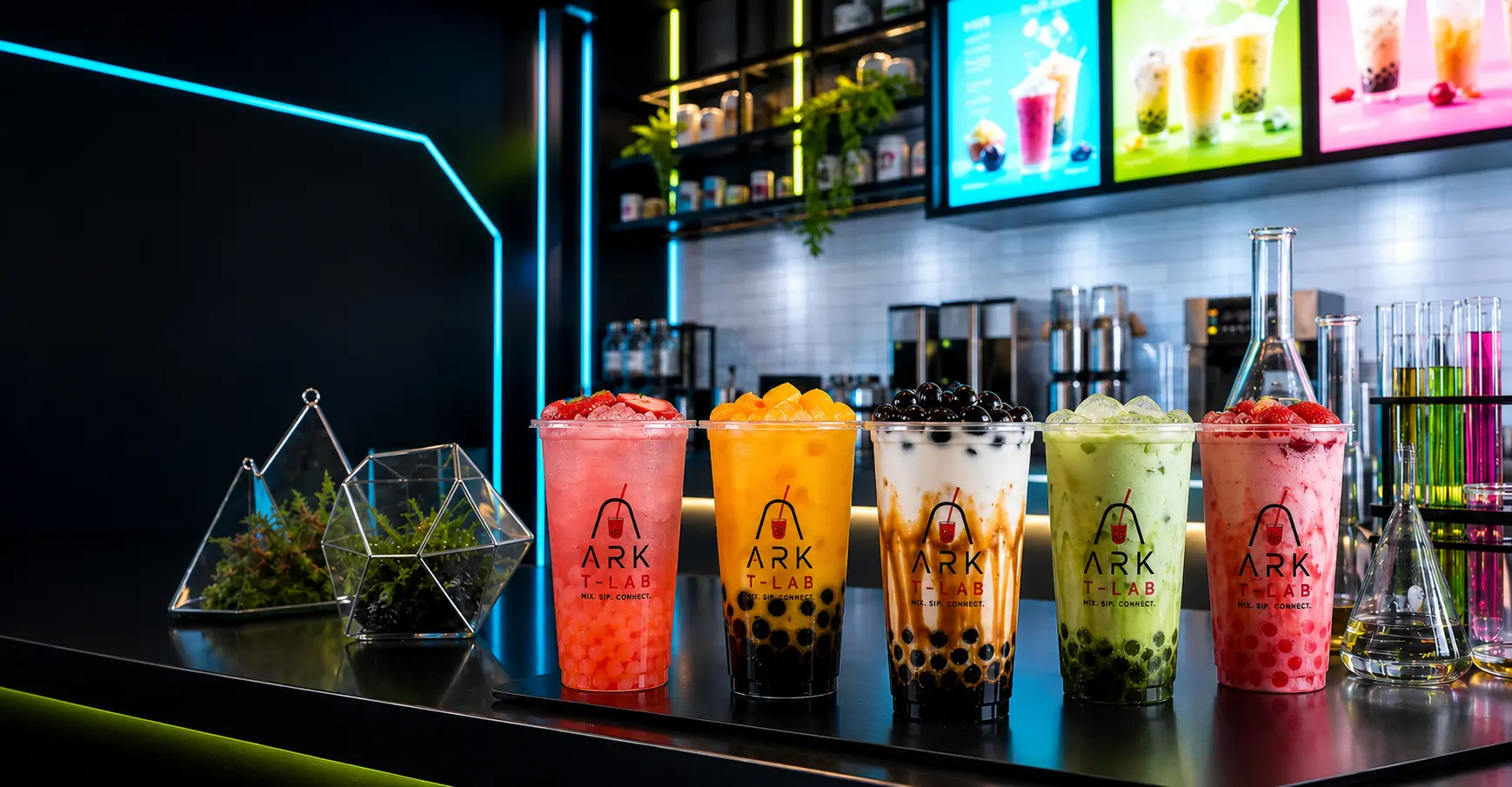 Colorful modern tea drinks on a futuristic tea bar counter